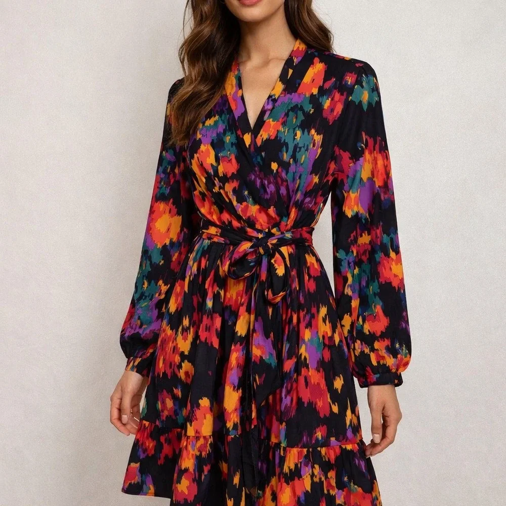 CUPSHE‎ NWT Size Small Colorful Abstract Floral Long Sleeve Tie Waist Dress